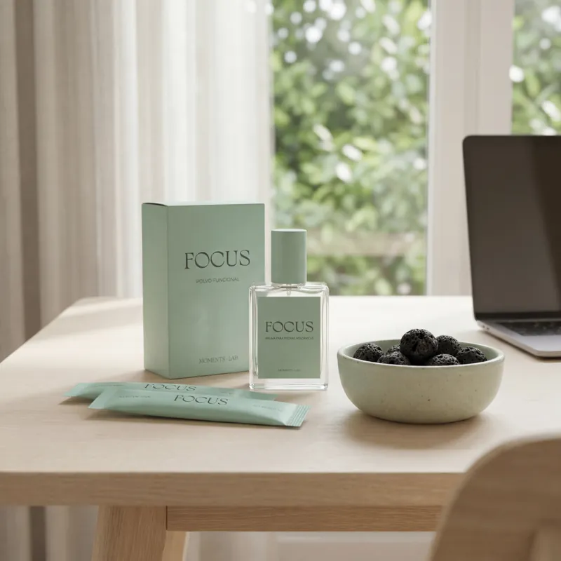 FOCUS box · cuenco con piedras de lava · bruma · sachet en agua fría · luz de día