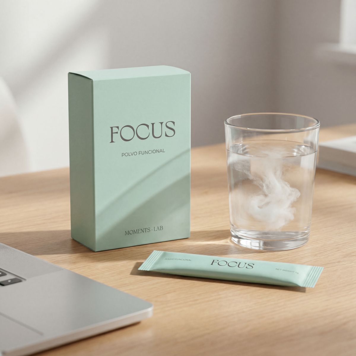 FOCUS box, stick sachet y la bebida preparada en un vaso · luz de día sobre escritorio