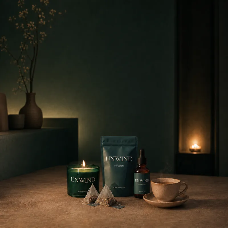 UNWIND night ritual — vela encendida, frasco ámbar, doypack, tarjeta · luz cálida nocturna